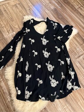 Free People Black Mini Dress with White Floral Embroidery